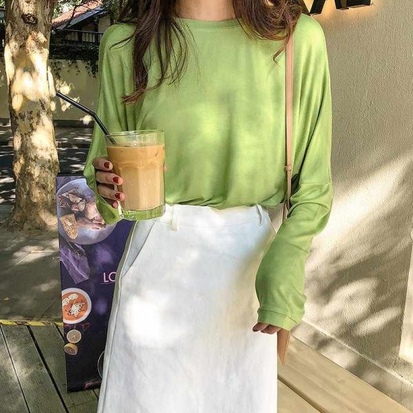 レディース　Tシャツ　長袖　ラウンドネック　ロングTシャツ　ロンT　トップス　カジュアル　キュート　大人　可愛い　フェミニン　おしゃれ　お出かけ　普段着　デイリー　オレンジ　ホワイト　ピンク　グリーン　イエロー　ブルー　ブラック　フリーサイズ　送料無料