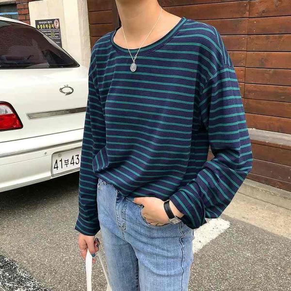 レディース　Tシャツ　長袖　ボーダー　ロングTシャツ　ロンT　トップス　カジュアル　キュート　大人　可愛い　フェミニン　おしゃれ　お出かけ　普段着　デイリー　ネイビー×ホワイト　グリーン×ホワイト　ネイビー×グリーン　ブラック×ホワイト　送料無料