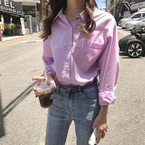 レディース　ブラウス　シャツ　無地　シンプル　長袖　トップス　秋　冬　カジュアル　キュート　可愛い　フェミニン　きれいめ　上品　エレガント　おしゃれ　お出かけ　オフィス　デート　デイリー　パープル　ブルー　ホワイト　イエロー　フリーサイズ　送料無料