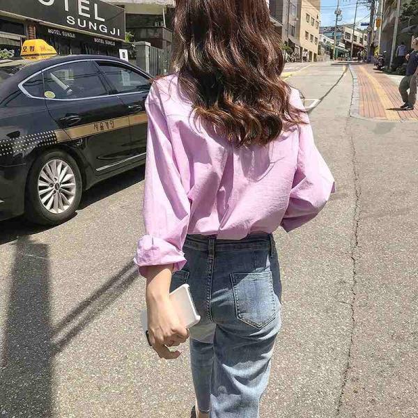 レディース　ブラウス　シャツ　無地　シンプル　長袖　トップス　秋　冬　カジュアル　キュート　可愛い　フェミニン　きれいめ　上品　エレガント　おしゃれ　お出かけ　オフィス　デート　デイリー　パープル　ブルー　ホワイト　イエロー　フリーサイズ　送料無料