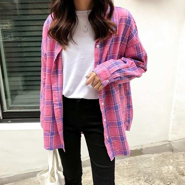 レディース　ブラウス　シャツ　チェック柄　長袖　トップス　秋　冬　カジュアル　キュート　可愛い　フェミニン　きれいめ　上品　エレガント　おしゃれ　お出かけ　オフィス　デート　デイリー　ピンク　イエロー　フリーサイズ　ワンサイズ　送料無料