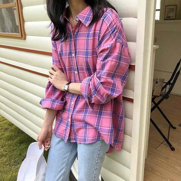 レディース　ブラウス　シャツ　チェック柄　長袖　トップス　秋　冬　カジュアル　キュート　可愛い　フェミニン　きれいめ　上品　エレガント　おしゃれ　お出かけ　オフィス　デート　デイリー　ピンク　イエロー　フリーサイズ　ワンサイズ　送料無料