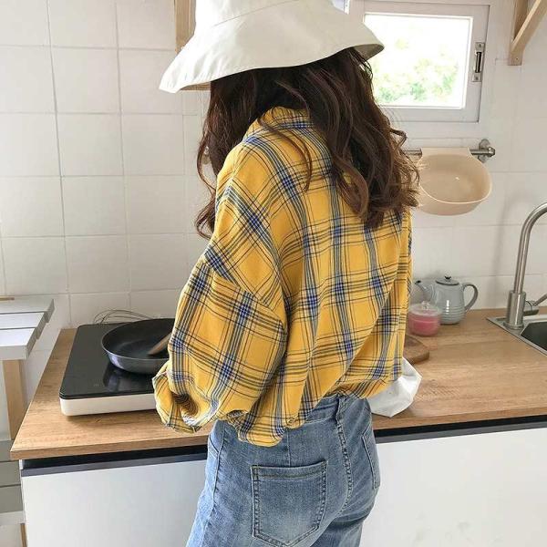 レディース　ブラウス　シャツ　チェック柄　長袖　トップス　秋　冬　カジュアル　キュート　可愛い　フェミニン　きれいめ　上品　エレガント　おしゃれ　お出かけ　オフィス　デート　デイリー　ピンク　イエロー　フリーサイズ　ワンサイズ　送料無料