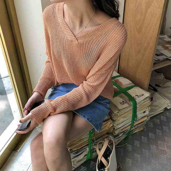 レディース　ニット　Vネック　セーター　カットソー　長袖　シンプル　ゆったり　トップス　カジュアル　キュート　大人　可愛い　フェミニン　おしゃれ　お出かけ　オフィス　デイリー　普段着　グリーン　ブルー　オレンジ　ベージュ　フリーサイズ　送料無料