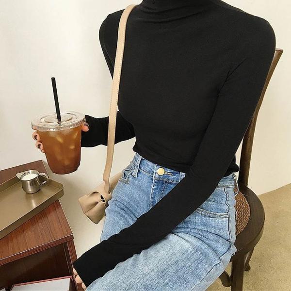 レディース　ハイネック　Tシャツ　長袖　無地　シンプル　ロングTシャツ　ロンT　トップス　カジュアル　キュート　大人　可愛い　フェミニン　おしゃれ　お出かけ　普段着　デイリー　ベージュ　ブラウン　ブルー　ブラック　フリーサイズ　送料無料