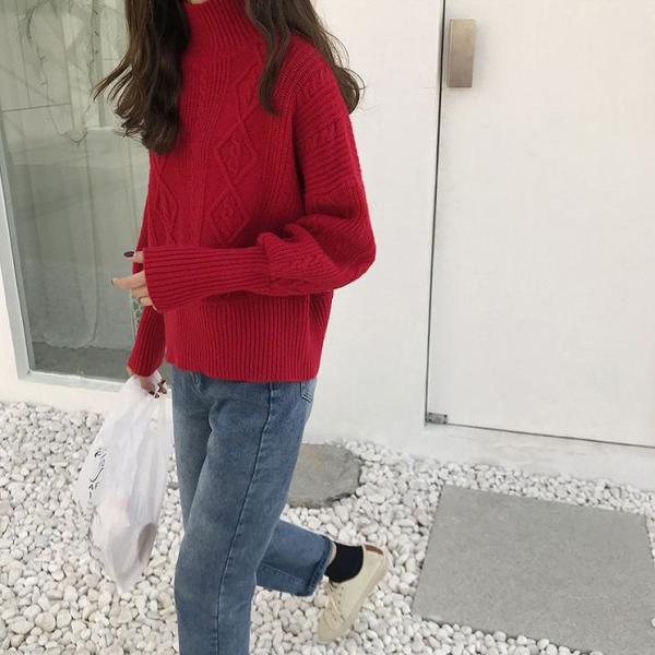 レディース　ニット　ハイネック　セーター　カットソー　長袖　シンプル　ゆったり　トップス　カジュアル　キュート　大人　可愛い　フェミニン　おしゃれ　お出かけ　オフィス　デイリー　普段着　ベージュ　レッド　フリーサイズ　ワンサイズ　送料無料