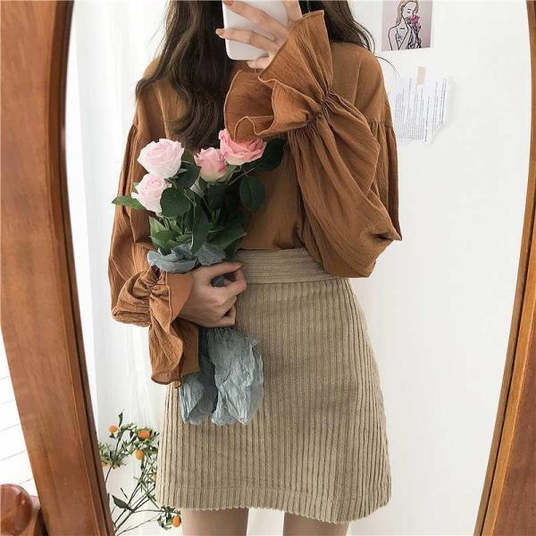 レディース　コーデュロイスカート　台形スカート　ハイウエスト　ミニ丈　ボトムス　カジュアル　キュート　可愛い　フェミニン　きれいめ　エレガント　おしゃれ　お出かけ　デイリー　普段着　ブラウン　ベージュ　S　M　L　サイズ　送料無料