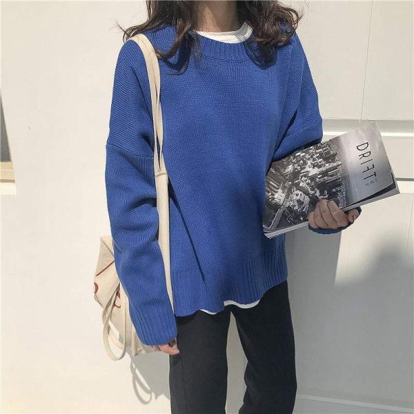 レディース　ニット　ラウンドネック　セーター　長袖　シンプル　ゆったり　トップス　カジュアル　キュート　大人　可愛い　フェミニン　おしゃれ　お出かけ　オフィス　デイリー　普段着　ホワイト　イエロー　ライトグリーン　ブルー　グリーン　レッド　送料無料