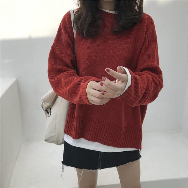 レディース　ニット　ラウンドネック　セーター　長袖　シンプル　ゆったり　トップス　カジュアル　キュート　大人　可愛い　フェミニン　おしゃれ　お出かけ　オフィス　デイリー　普段着　ホワイト　イエロー　ライトグリーン　ブルー　グリーン　レッド　送料無料