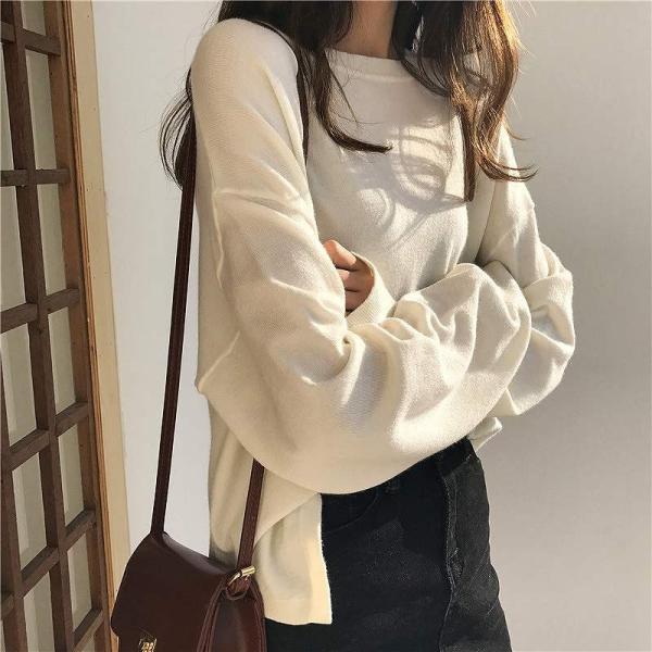 レディース　ニット　ラウンドネック　セーター　長袖　シンプル　ゆったり　トップス　カジュアル　キュート　大人　可愛い　フェミニン　おしゃれ　お出かけ　オフィス　デイリー　普段着　ホワイト　イエロー　グリーン　フリーサイズ　送料無料