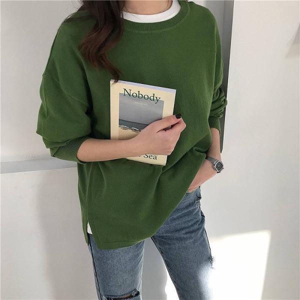 レディース　ニット　ラウンドネック　セーター　長袖　シンプル　ゆったり　トップス　カジュアル　キュート　大人　可愛い　フェミニン　おしゃれ　お出かけ　オフィス　デイリー　普段着　ホワイト　イエロー　グリーン　フリーサイズ　送料無料