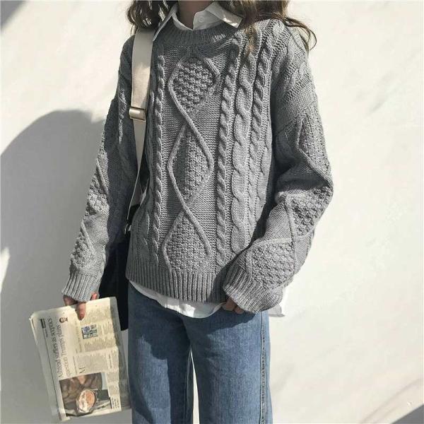 レディース　ニット　ラウンドネック　セーター　長袖　シンプル　ゆったり　トップス　カジュアル　キュート　大人　可愛い　フェミニン　おしゃれ　お出かけ　オフィス　デイリー　普段着　ブラウン　グレー　イエロー　レッド　ホワイト　フリーサイズ　送料無料