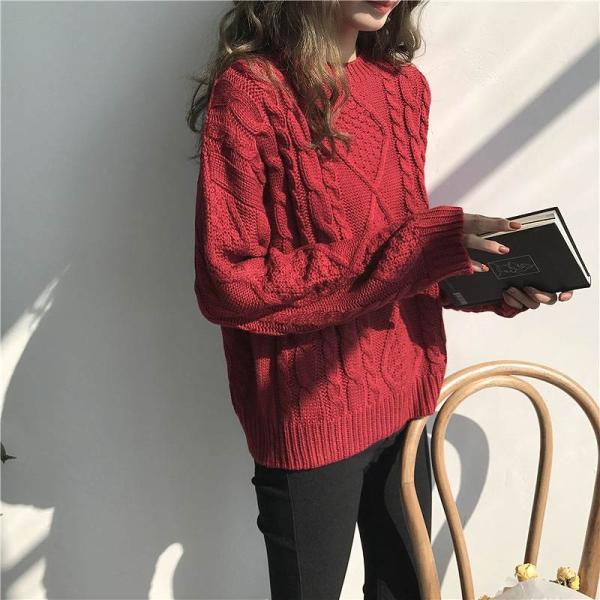 レディース　ニット　ラウンドネック　セーター　長袖　シンプル　ゆったり　トップス　カジュアル　キュート　大人　可愛い　フェミニン　おしゃれ　お出かけ　オフィス　デイリー　普段着　ブラウン　グレー　イエロー　レッド　ホワイト　フリーサイズ　送料無料