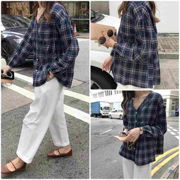 レディース　ブラウス　Vネック　チェック柄　長袖　トップス　秋　冬　カジュアル　キュート　可愛い　フェミニン　きれいめ　上品　エレガント　おしゃれ　お出かけ　オフィス　デート　デイリー　ネイビー　フリーサイズ　ワンサイズ　送料無料