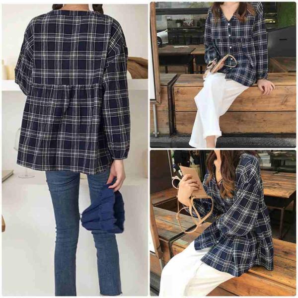 レディース　ブラウス　Vネック　チェック柄　長袖　トップス　秋　冬　カジュアル　キュート　可愛い　フェミニン　きれいめ　上品　エレガント　おしゃれ　お出かけ　オフィス　デート　デイリー　ネイビー　フリーサイズ　ワンサイズ　送料無料