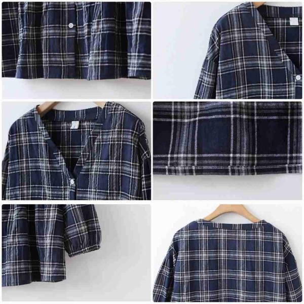 レディース　ブラウス　Vネック　チェック柄　長袖　トップス　秋　冬　カジュアル　キュート　可愛い　フェミニン　きれいめ　上品　エレガント　おしゃれ　お出かけ　オフィス　デート　デイリー　ネイビー　フリーサイズ　ワンサイズ　送料無料