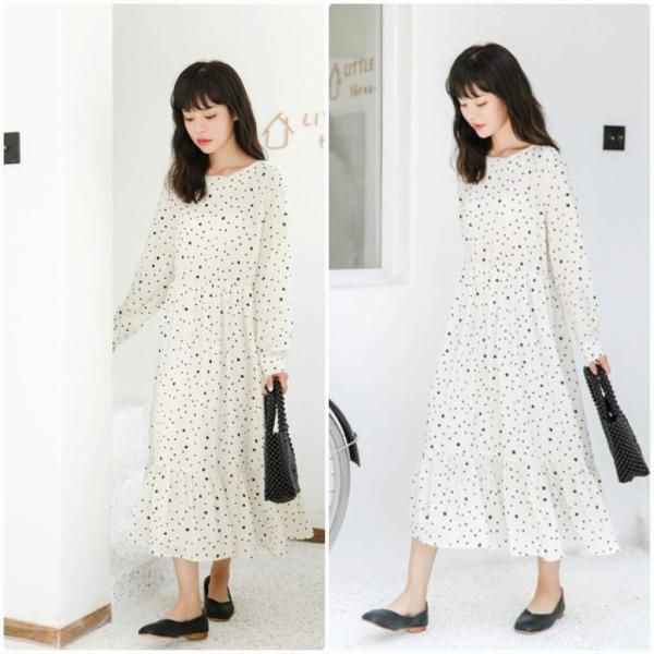 レディース　ワンピース　ミモレ丈　長袖　ドット　ハイウエスト　ラウンドネック　ゆったり　秋　冬　カジュアル　キュート　可愛い　フェミニン　きれいめ　上品　エレガント　おしゃれ　お出かけ　お呼ばれ　ホワイト　フリーサイズ　ワンサイズ　送料無料