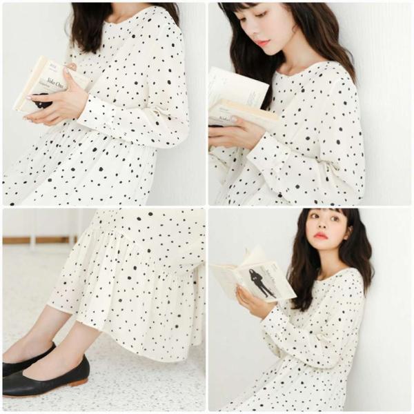 レディース　ワンピース　ミモレ丈　長袖　ドット　ハイウエスト　ラウンドネック　ゆったり　秋　冬　カジュアル　キュート　可愛い　フェミニン　きれいめ　上品　エレガント　おしゃれ　お出かけ　お呼ばれ　ホワイト　フリーサイズ　ワンサイズ　送料無料