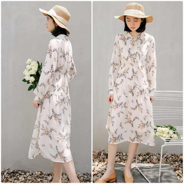 レディース　シフォン　ワンピース　ミモレ丈　長袖　花柄　ボタニカル柄　ハイウエスト　フレア　秋　冬　カジュアル　キュート　可愛い　フェミニン　きれいめ　上品　エレガント　おしゃれ　お出かけ　お呼ばれ　ホワイト　S　M　サイズ　送料無料