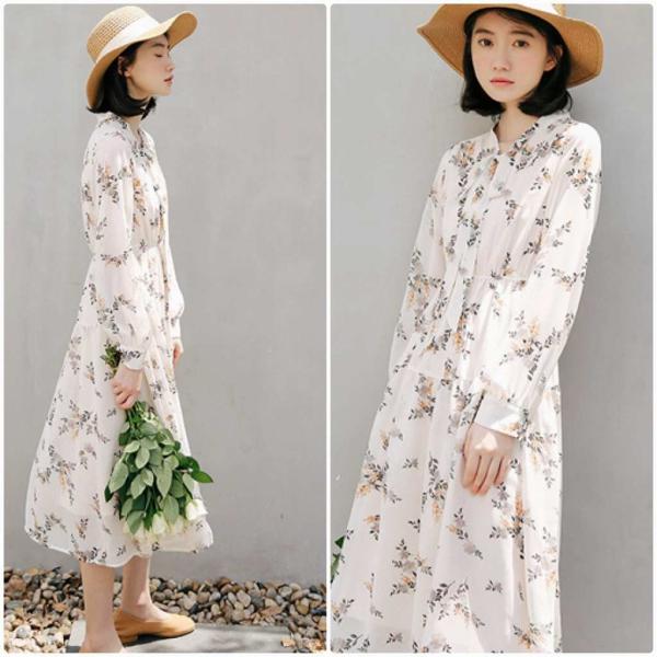レディース　シフォン　ワンピース　ミモレ丈　長袖　花柄　ボタニカル柄　ハイウエスト　フレア　秋　冬　カジュアル　キュート　可愛い　フェミニン　きれいめ　上品　エレガント　おしゃれ　お出かけ　お呼ばれ　ホワイト　S　M　サイズ　送料無料