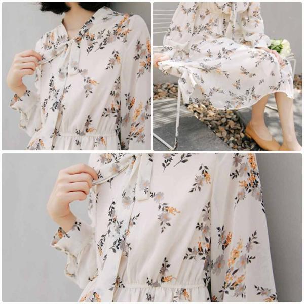 レディース　シフォン　ワンピース　ミモレ丈　長袖　花柄　ボタニカル柄　ハイウエスト　フレア　秋　冬　カジュアル　キュート　可愛い　フェミニン　きれいめ　上品　エレガント　おしゃれ　お出かけ　お呼ばれ　ホワイト　S　M　サイズ　送料無料
