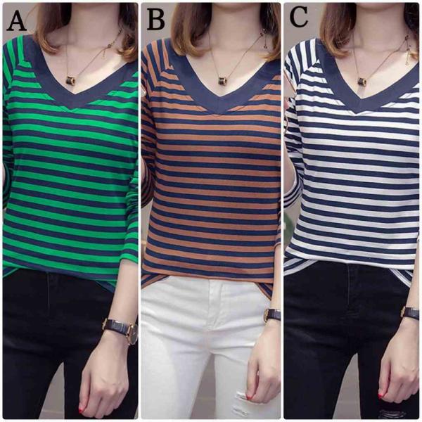 レディース　Vネック　Tシャツ　長袖　ボーダー　ロングTシャツ　ロンT　トップス　カジュアル　キュート　大人　可愛い　フェミニン　おしゃれ　お出かけ　普段着　デイリー　グリーン　ブラウン　ホワイト　M　L　XL　2XL　大きいサイズ　送料無料
