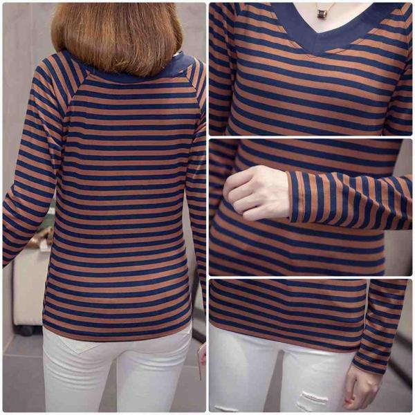 レディース　Vネック　Tシャツ　長袖　ボーダー　ロングTシャツ　ロンT　トップス　カジュアル　キュート　大人　可愛い　フェミニン　おしゃれ　お出かけ　普段着　デイリー　グリーン　ブラウン　ホワイト　M　L　XL　2XL　大きいサイズ　送料無料