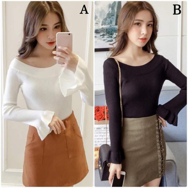 レディース　トップス　セーター　ニット　フレア袖　長袖　スリム　無地　カジュアル　大人可愛い　フェミニン　オフィス　お出かけ　デート　デイリー　ホワイト　ブラック　フリーサイズ　送料無料