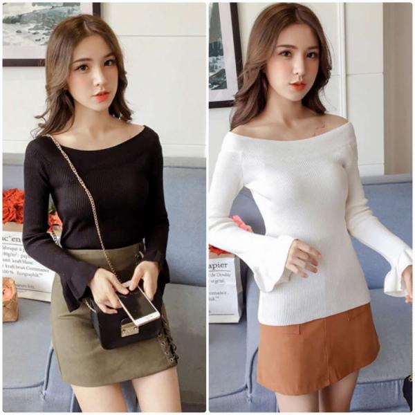 レディース　トップス　セーター　ニット　フレア袖　長袖　スリム　無地　カジュアル　大人可愛い　フェミニン　オフィス　お出かけ　デート　デイリー　ホワイト　ブラック　フリーサイズ　送料無料