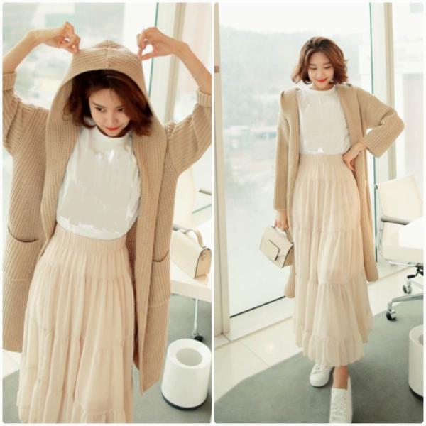 レディース　コーディガン　ニット　無地　フード付き　長袖　ポケット　ノーボタン　カジュアル　大人可愛い　フェミニン　オフィス　お出かけ　デート　デイリー　ベージュ　ワンサイズ　送料無料