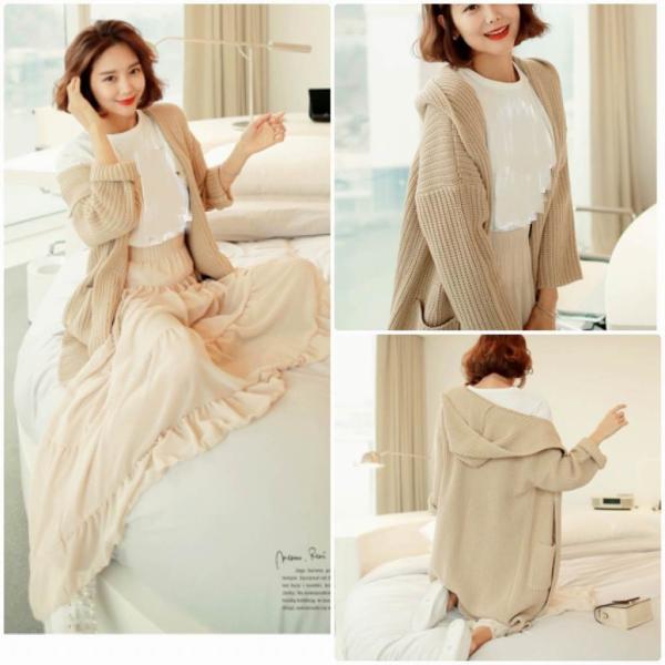 レディース　コーディガン　ニット　無地　フード付き　長袖　ポケット　ノーボタン　カジュアル　大人可愛い　フェミニン　オフィス　お出かけ　デート　デイリー　ベージュ　ワンサイズ　送料無料