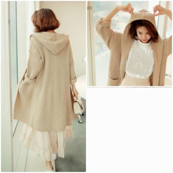 レディース　コーディガン　ニット　無地　フード付き　長袖　ポケット　ノーボタン　カジュアル　大人可愛い　フェミニン　オフィス　お出かけ　デート　デイリー　ベージュ　ワンサイズ　送料無料