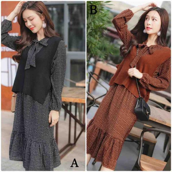 レディース　ワンピース　ベスト付き　チェック　無地　リボン　フレア　長袖　カジュアル　大人可愛い　フェミニン　オフィス　お出かけ　デート　デイリー　ブラック　ブラウン　S　M　L　XL　送料無料