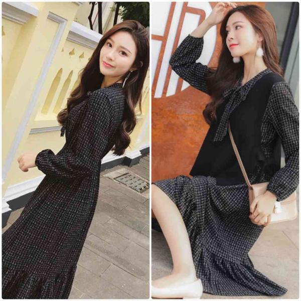 レディース　ワンピース　ベスト付き　チェック　無地　リボン　フレア　長袖　カジュアル　大人可愛い　フェミニン　オフィス　お出かけ　デート　デイリー　ブラック　ブラウン　S　M　L　XL　送料無料
