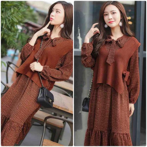 レディース　ワンピース　ベスト付き　チェック　無地　リボン　フレア　長袖　カジュアル　大人可愛い　フェミニン　オフィス　お出かけ　デート　デイリー　ブラック　ブラウン　S　M　L　XL　送料無料