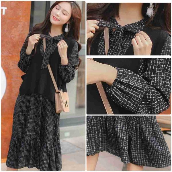 レディース　ワンピース　ベスト付き　チェック　無地　リボン　フレア　長袖　カジュアル　大人可愛い　フェミニン　オフィス　お出かけ　デート　デイリー　ブラック　ブラウン　S　M　L　XL　送料無料