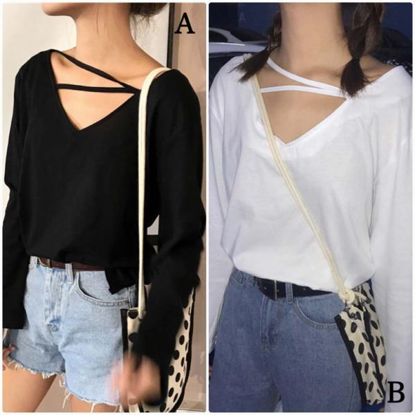 レディース　トップス　カットソー　無地　Vネック　長袖　カジュアル　大人可愛い　フェミニン　オフィス　お出かけ　デート　デイリー　ブラック　ホワイト　フリーサイズ　送料無料