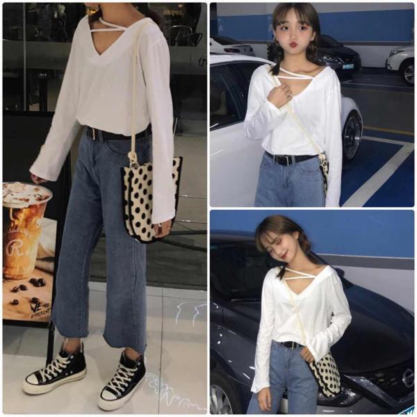 レディース　トップス　カットソー　無地　Vネック　長袖　カジュアル　大人可愛い　フェミニン　オフィス　お出かけ　デート　デイリー　ブラック　ホワイト　フリーサイズ　送料無料