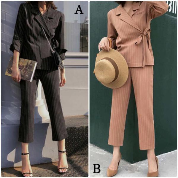 レディース　セットアップ　パンツスーツ　ストライプ　長袖　アンクル丈　カジュアル　大人可愛い　フェミニン　オフィス　お出かけ　デート　デイリー　ブラック　ブラウン　S　M　L　送料無料