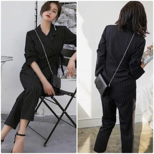 レディース　セットアップ　パンツスーツ　ストライプ　長袖　アンクル丈　カジュアル　大人可愛い　フェミニン　オフィス　お出かけ　デート　デイリー　ブラック　ブラウン　S　M　L　送料無料