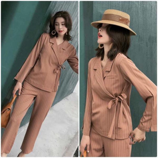 レディース　セットアップ　パンツスーツ　ストライプ　長袖　アンクル丈　カジュアル　大人可愛い　フェミニン　オフィス　お出かけ　デート　デイリー　ブラック　ブラウン　S　M　L　送料無料