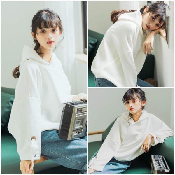 レディース　トップス　トレーナー　フード付き　プルオーバー　リボン　無地　カジュアル　大人可愛い　フェミニン　オフィス　お出かけ　デート　デイリー　ホワイト　フリーサイズ　送料無料