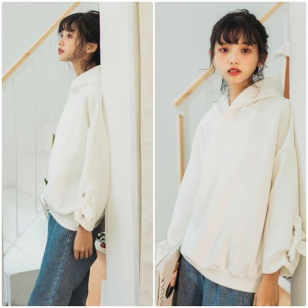 レディース　トップス　トレーナー　フード付き　プルオーバー　リボン　無地　カジュアル　大人可愛い　フェミニン　オフィス　お出かけ　デート　デイリー　ホワイト　フリーサイズ　送料無料