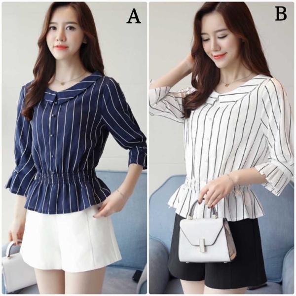 レディース　トップス　シフォン　シャツ　ウエスト絞り　7分袖　ストライプ　カジュアル　エレガント　大人可愛い　フェミニン　オフィス　お出かけ　デート　デイリー　ネイビー　ホワイト　M　L　XL　2XL　送料無料