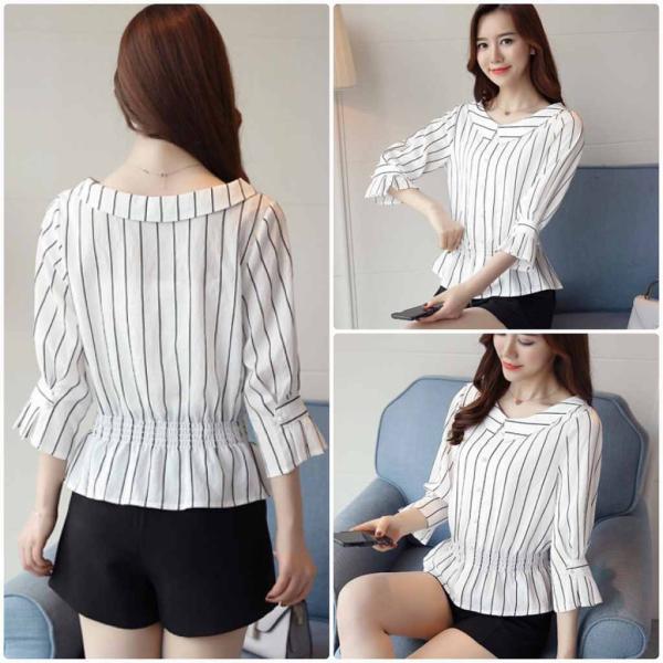 レディース　トップス　シフォン　シャツ　ウエスト絞り　7分袖　ストライプ　カジュアル　エレガント　大人可愛い　フェミニン　オフィス　お出かけ　デート　デイリー　ネイビー　ホワイト　M　L　XL　2XL　送料無料