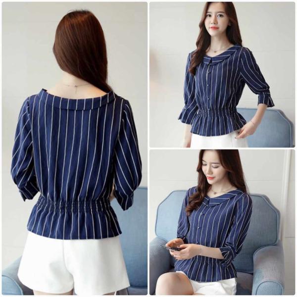 レディース　トップス　シフォン　シャツ　ウエスト絞り　7分袖　ストライプ　カジュアル　エレガント　大人可愛い　フェミニン　オフィス　お出かけ　デート　デイリー　ネイビー　ホワイト　M　L　XL　2XL　送料無料
