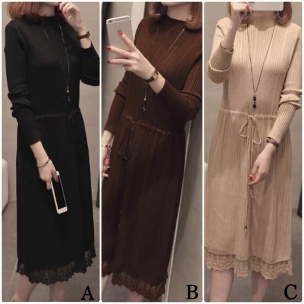 レディース　ワンピース　ニット　無地　ウエストリボン　レース　ミモレ丈　長袖　秋冬　カジュアル　大人可愛い　フェミニン　オフィス　お出かけ　デート　デイリー　ブラック　ブラウン　ベージュ　フリーサイズ　送料無料