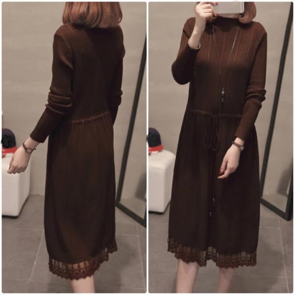 レディース　ワンピース　ニット　無地　ウエストリボン　レース　ミモレ丈　長袖　秋冬　カジュアル　大人可愛い　フェミニン　オフィス　お出かけ　デート　デイリー　ブラック　ブラウン　ベージュ　フリーサイズ　送料無料