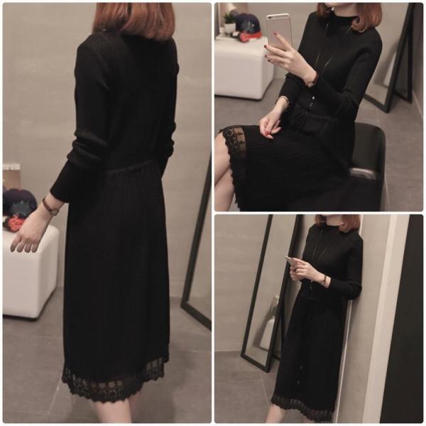 レディース　ワンピース　ニット　無地　ウエストリボン　レース　ミモレ丈　長袖　秋冬　カジュアル　大人可愛い　フェミニン　オフィス　お出かけ　デート　デイリー　ブラック　ブラウン　ベージュ　フリーサイズ　送料無料