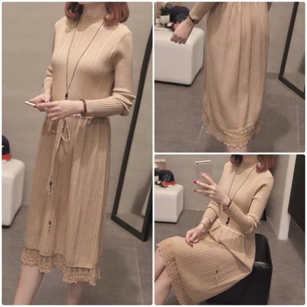 レディース　ワンピース　ニット　無地　ウエストリボン　レース　ミモレ丈　長袖　秋冬　カジュアル　大人可愛い　フェミニン　オフィス　お出かけ　デート　デイリー　ブラック　ブラウン　ベージュ　フリーサイズ　送料無料